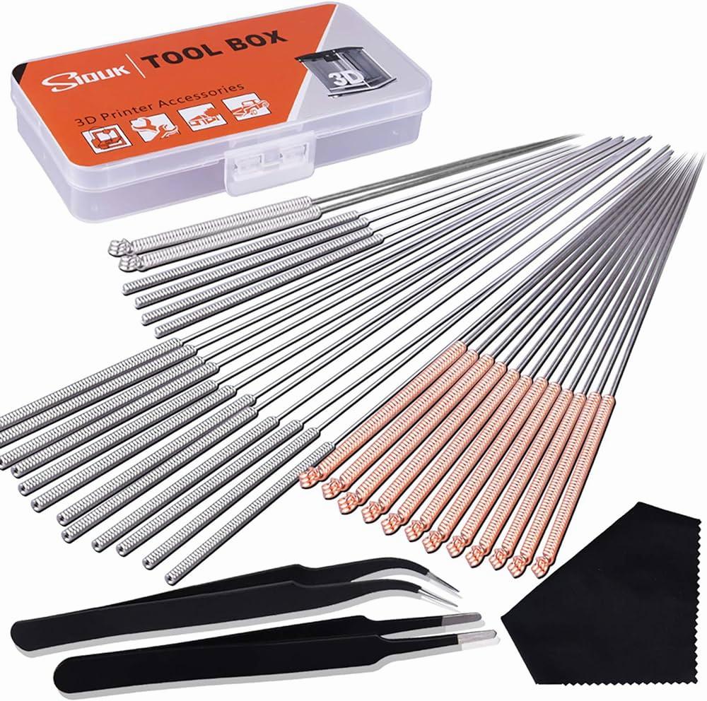 A set of 25 stainless steel acupuncture needles of various lengths, tweezers, and a cleaning cloth.