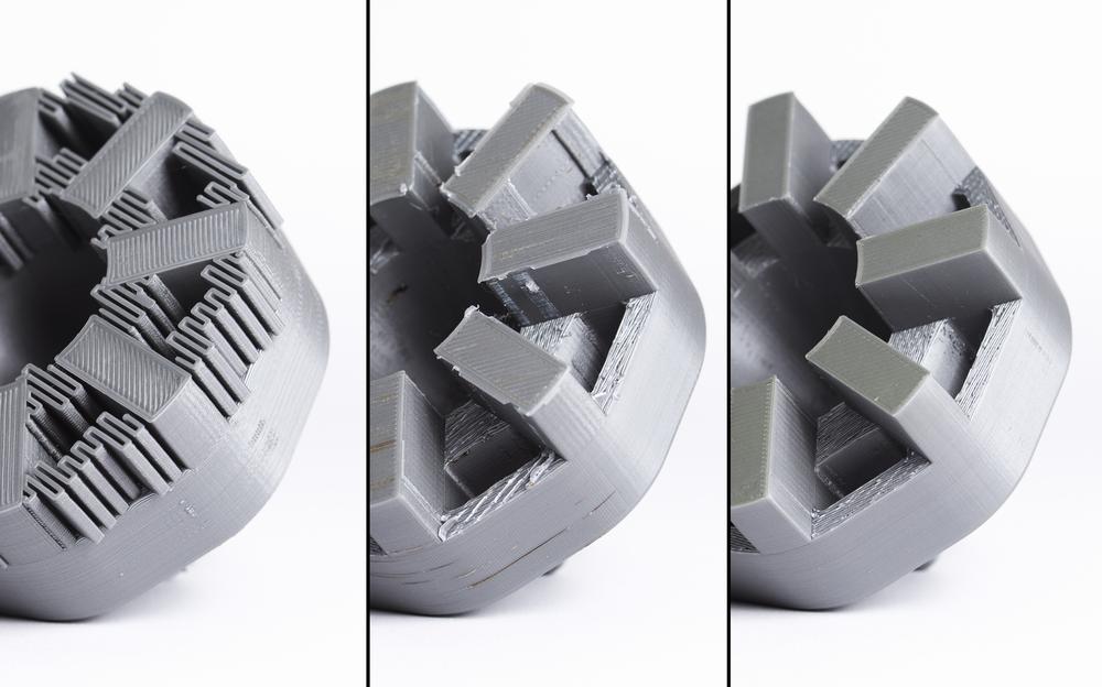 Three different 3D printed objects that have a geometric flower-like appearance.
