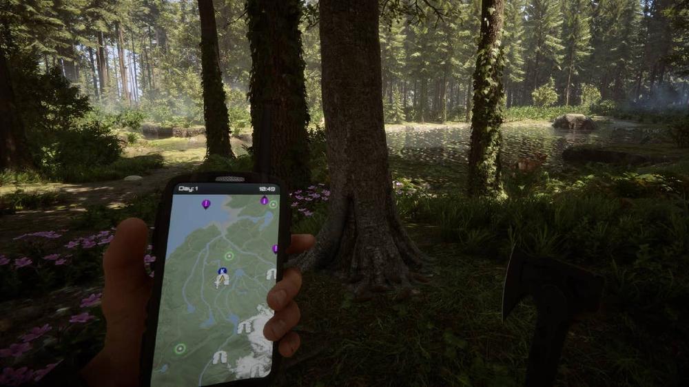 A hand holding a smartphone with a map of the area displayed on the screen, in front of a view of a forest with a river running through it.