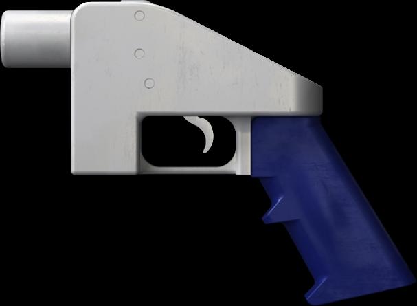 A silver and blue colored 3D rendering of a handgun.