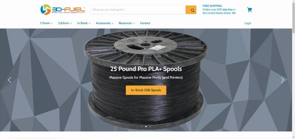 A large black spool of 3D printer filament on a white background with a 3D-Fuel logo in the upper left and a 25 Pound Pro PLA+ Spools banner across the middle.