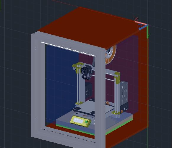 A 3D printer inside of a grey, box-like enclosure.