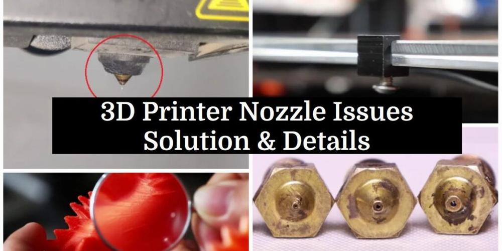 Four images show a 3D printer nozzle with various issues and three different replacement nozzles.