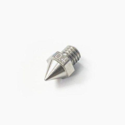 A photo of a 0.4mm stainless steel nozzle for a 3D printer.