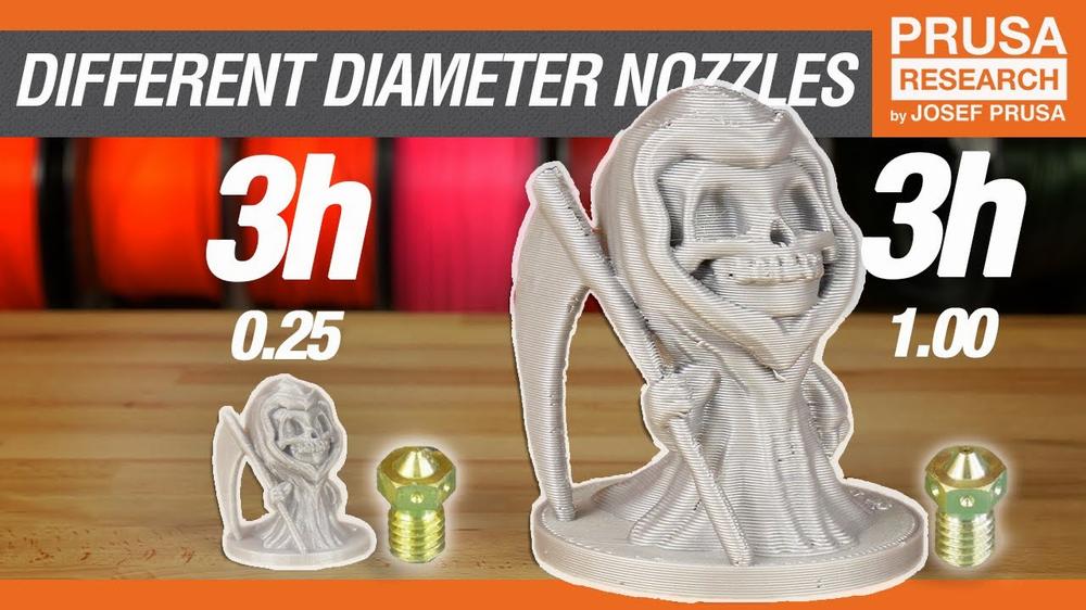 The image shows a 3D printed miniature of the Grim Reaper, printed with two different nozzle sizes.