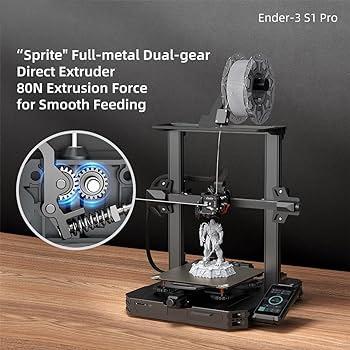 The image shows the Creality Ender-3 S1 Pro 3D printer with a metal dual-gear direct extruder that provides 80N of extrusion force for smooth feeding of filament.
