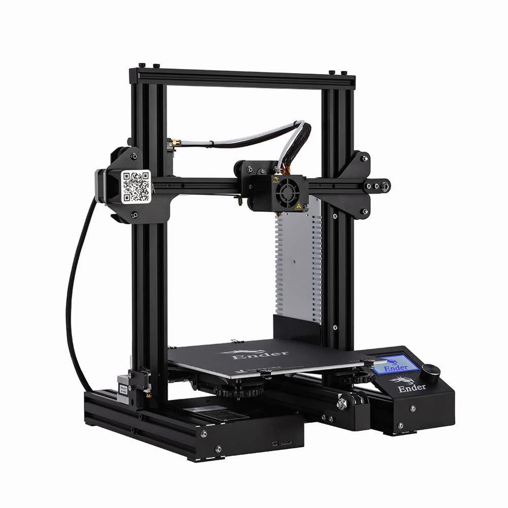 The image shows a black Creality Ender 3 V2 3D printer with a build volume of 220 x 220 x 250 mm.