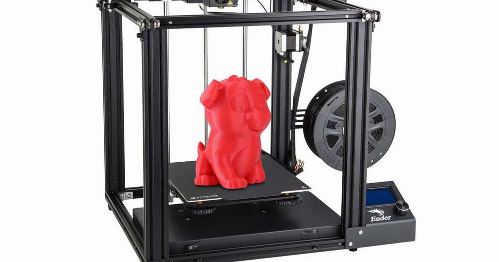 A 3D printer is printing a small red dog figurine.