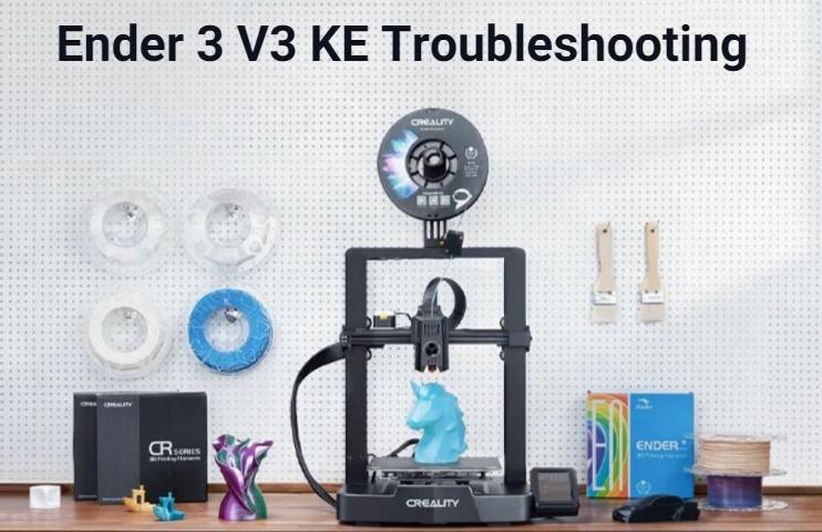 The image shows a Creality Ender 3 V2 3D printer with a unicorn figurine printed in blue on the print bed.