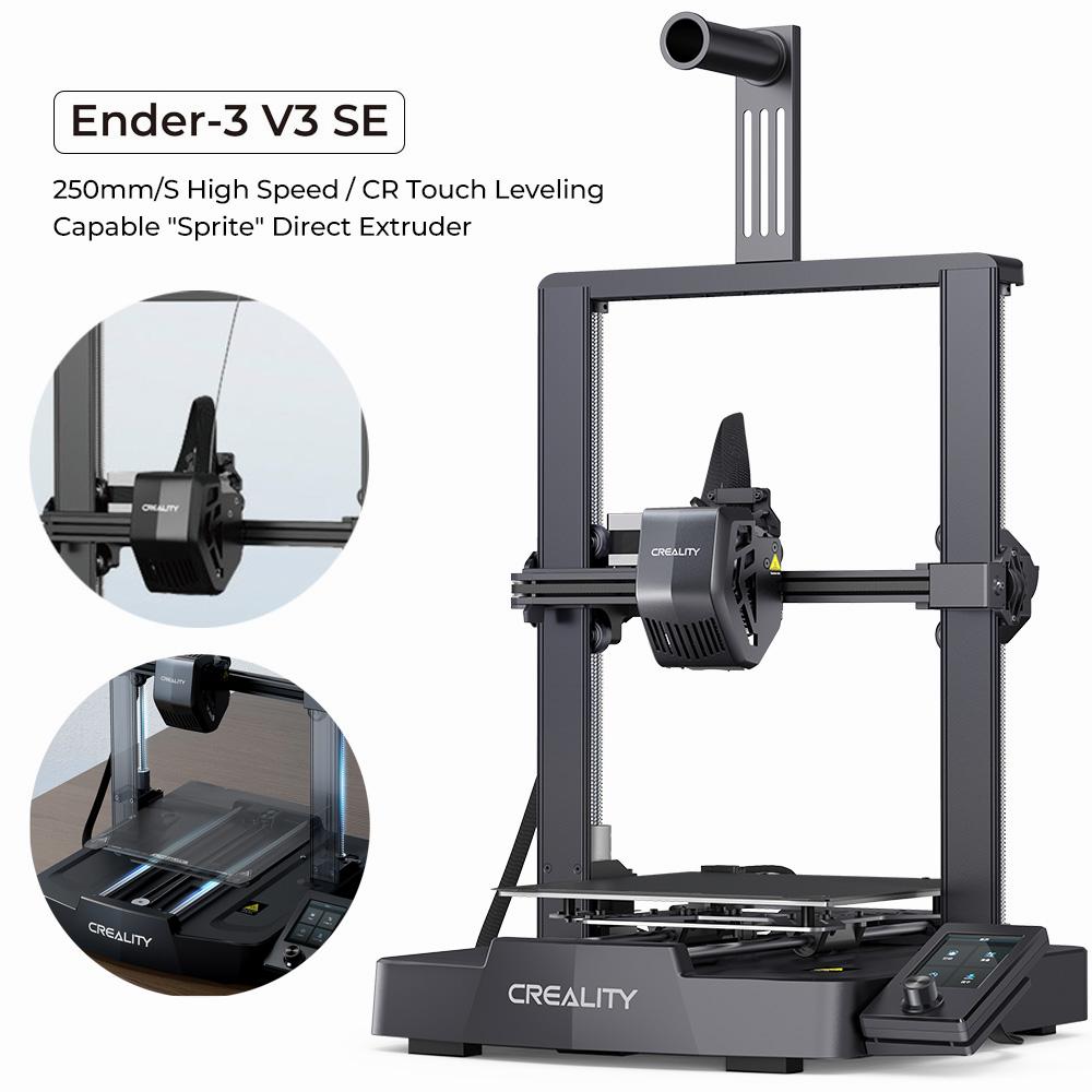 The image shows a black Creality Ender-3 V3 SE 3D printer with a CR Touch sensor and a Sprite direct extruder.