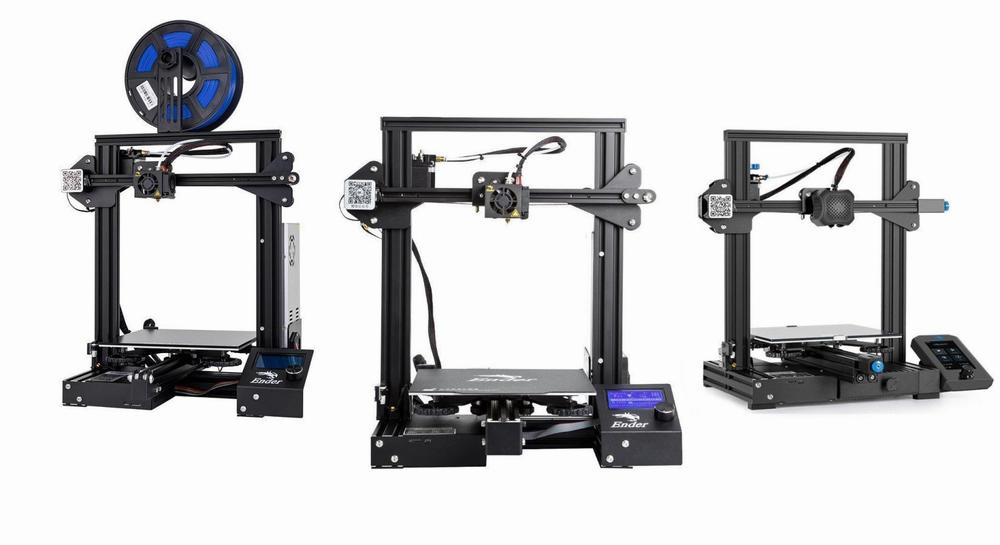 Three black Creality Ender 3 V2 3D printers are shown side by side.
