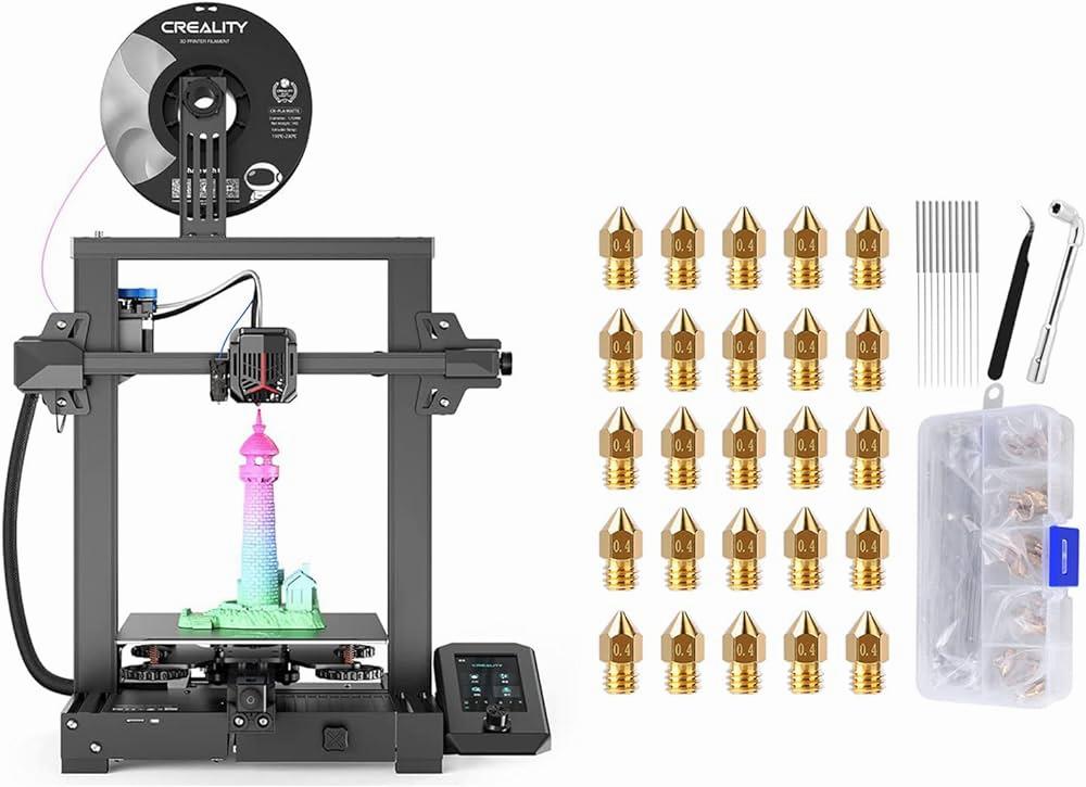 A black and grey 3D printer with a rainbow colored lighthouse model on the print bed and a set of brass printer nozzles and cleaning needles on the side.