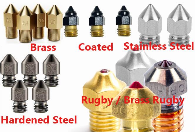 Different types of nozzles for 3D printers.