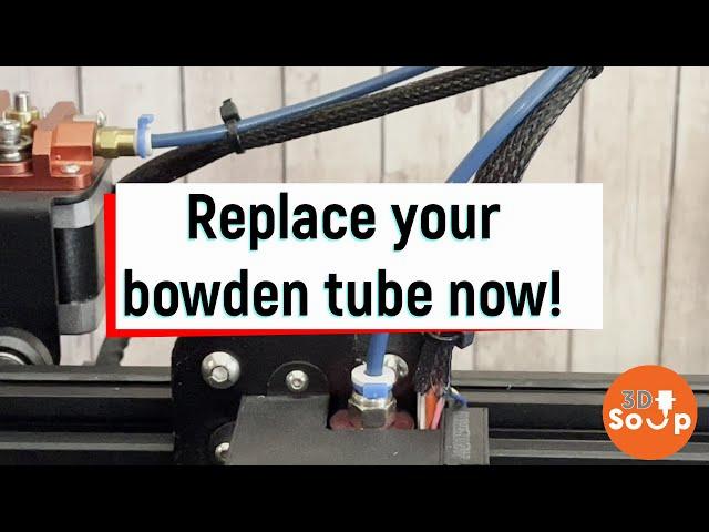 A thumbnail of a video showing a blue Bowden tube being inserted into a black extruder.