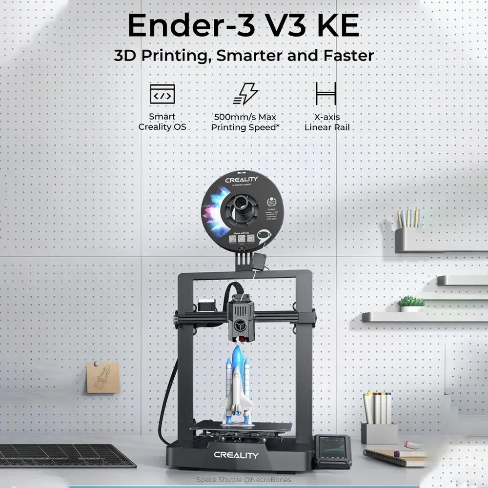 The image shows a black and gray Creality Ender-3 V3 KE 3D printer with a spool of filament and a small rocket ship model printed in white on the build plate.