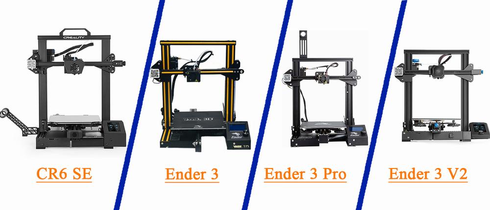 A comparison of four Creality 3D printers: the CR-6 SE, Ender 3, Ender 3 Pro, and Ender 3 V2.