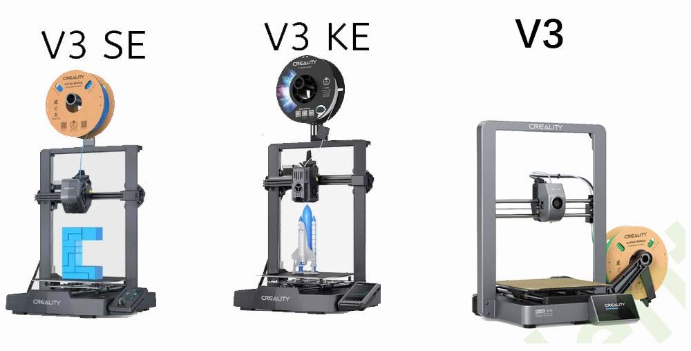 The image shows three Creality 3D printers, the V3 SE, V3 KE, and V3, all with different features.