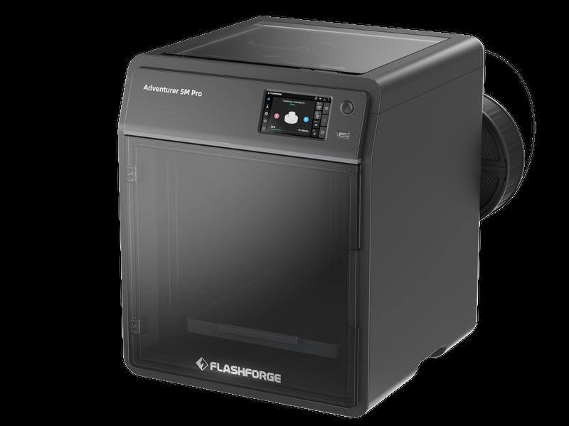 The image shows the Flashforge Adventurer 3 Pro, a 3D printer with a black body and a transparent door.