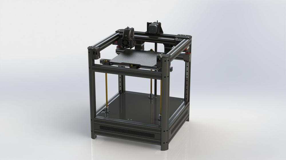An image of a CoreXY 3D printer with a black frame and a black print bed.