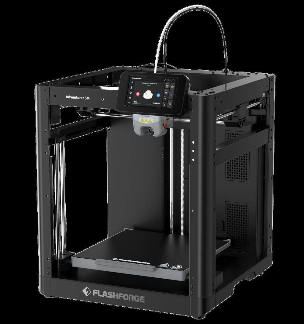 The image shows a black Flashforge Adventurer 5 3D printer with a touchscreen and a filament spool holder on top.