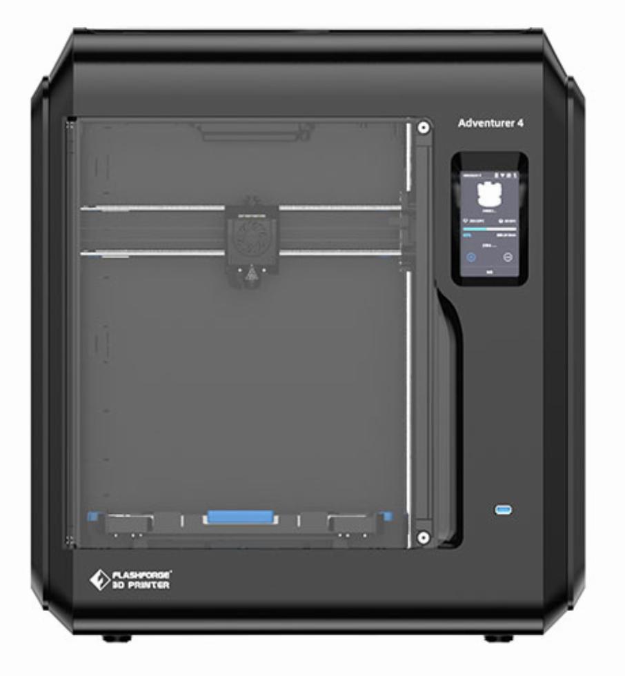 The image shows a black Flashforge Adventurer 4 3D printer with a blue light on the front.