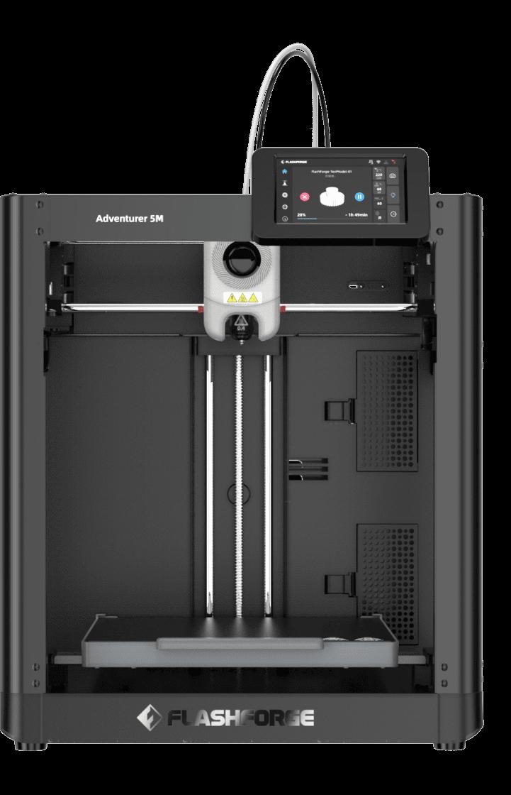 The image shows a black Flashforge Adventurer 5 3D printer with a touchscreen and a build area of 220 x 200 x 250 mm.