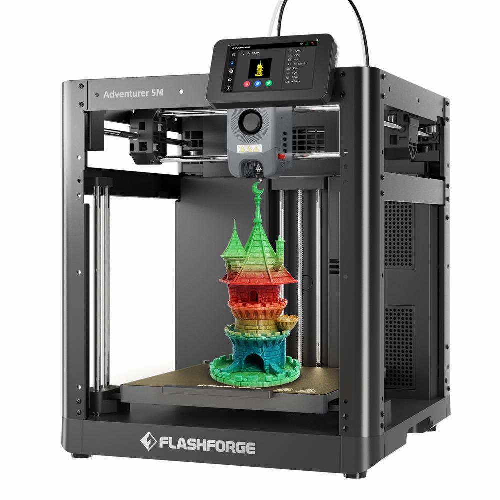 The image shows a black and gray 3D printer with a rainbow-colored 3D model of a castle on the print bed.