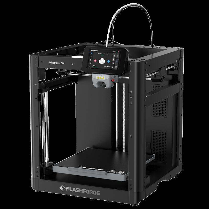 The image shows a black FlashForge Adventurer 3 SM 3D printer with a touchscreen and a filament spool holder on top.