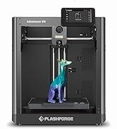 The image shows a black and gray 3D printer with a blue LCD screen, printing a 3D model of a dog.