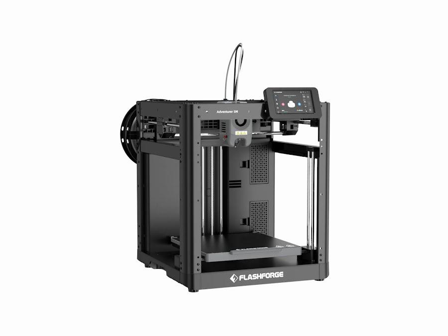The image shows a black Flashforge Adventurer 3 3D printer with a touchscreen and a filament spool holder.