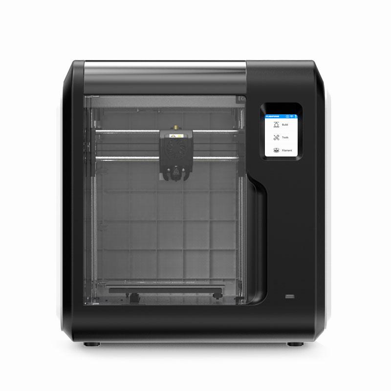 Black and gray 3D printer with a clear door.
