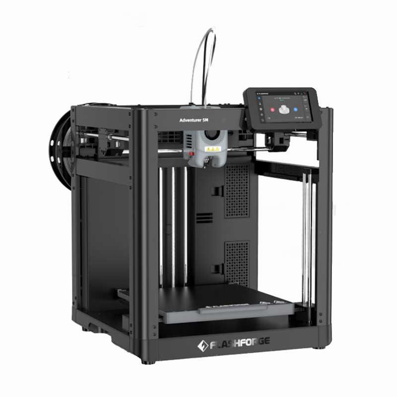 The image shows a black FlashForge Adventurer 3 3D printer with a touchscreen and a filament spool holder.