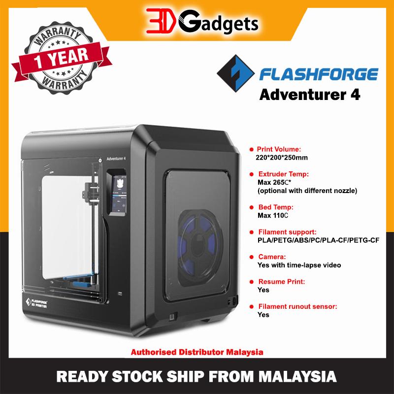 The image shows the specifications of the Flashforge Adventurer 4 3D printer.