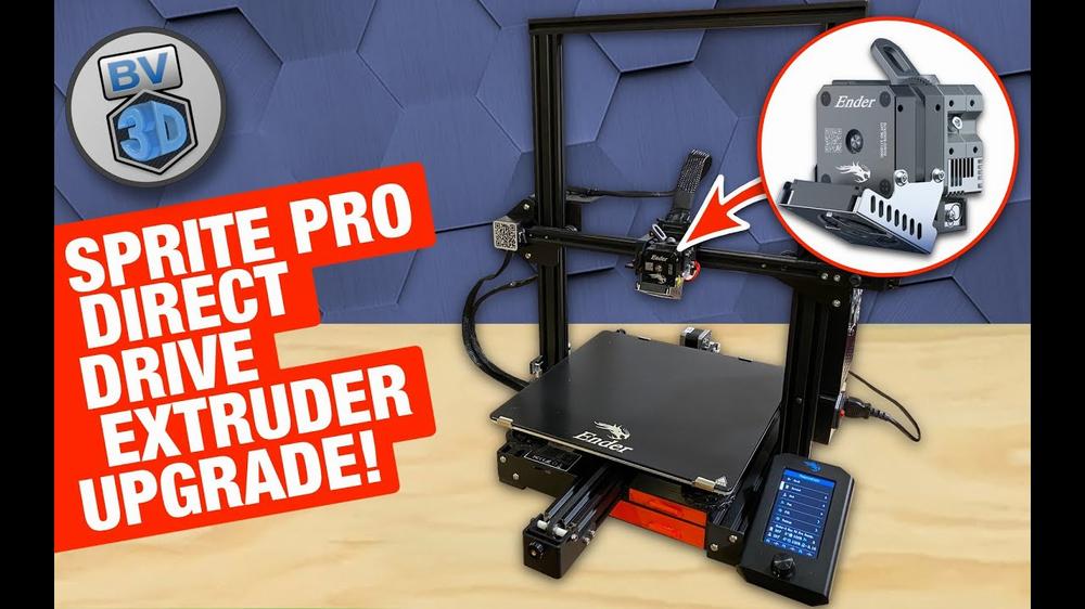 The image shows a 3D printer with a Sprite Pro direct drive extruder upgrade.