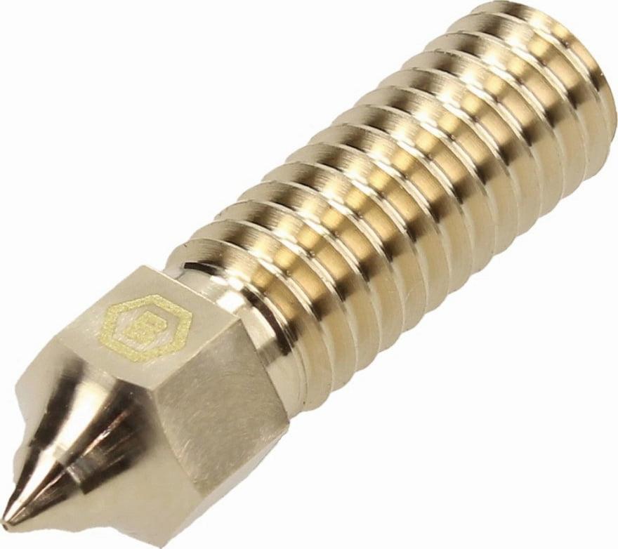A brass nozzle for a 3D printer.