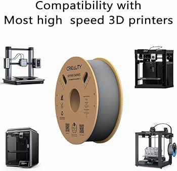 A spool of gray filament is shown in the center of five different 3D printers.
