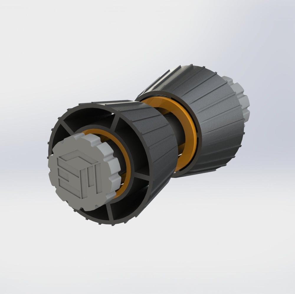 A 3D rendering of a planetary gear, consisting of a sun gear and two planet gears.
