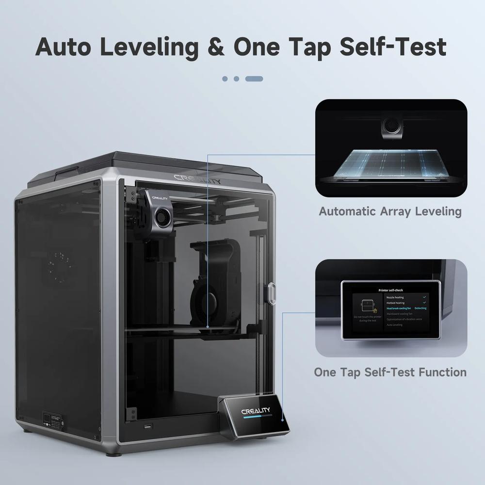 The image shows a 3D printer with a touchscreen display and a build plate that is automatically leveling.