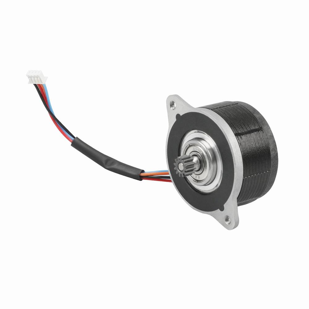 A stepper motor with a round body, a gear on the shaft, and four color-coded wires.