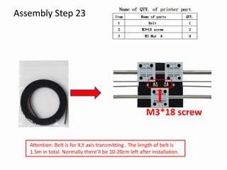 The image shows a step in the assembly of a 3D printer, with a bundle of black filament and a metal rod with a screw attached to it.