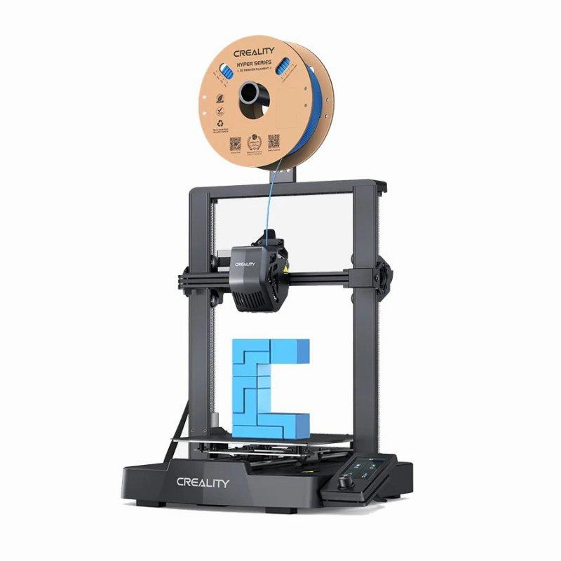 A blue and black Creality 3D printer is printing a blue object.