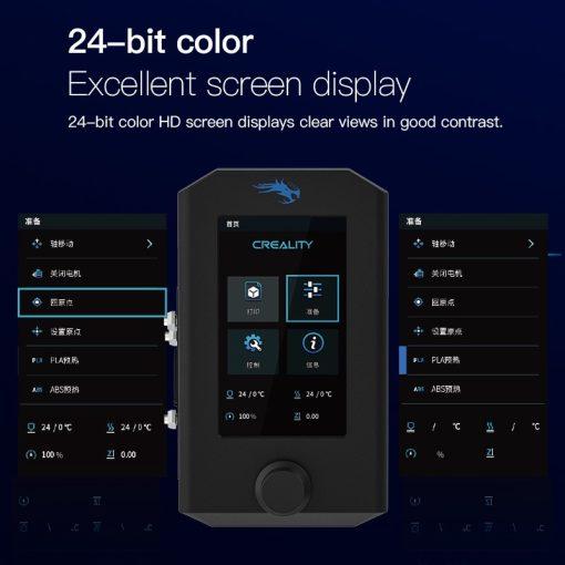 The image shows a black display with blue text displaying printer settings.