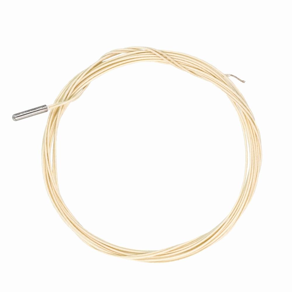 A photo of a coiled beige temperature probe wire with a silver tip.