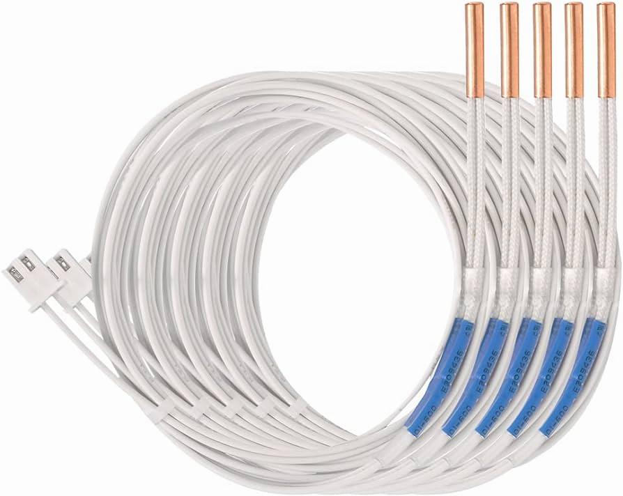 Five white temperature sensor cables with copper tips.