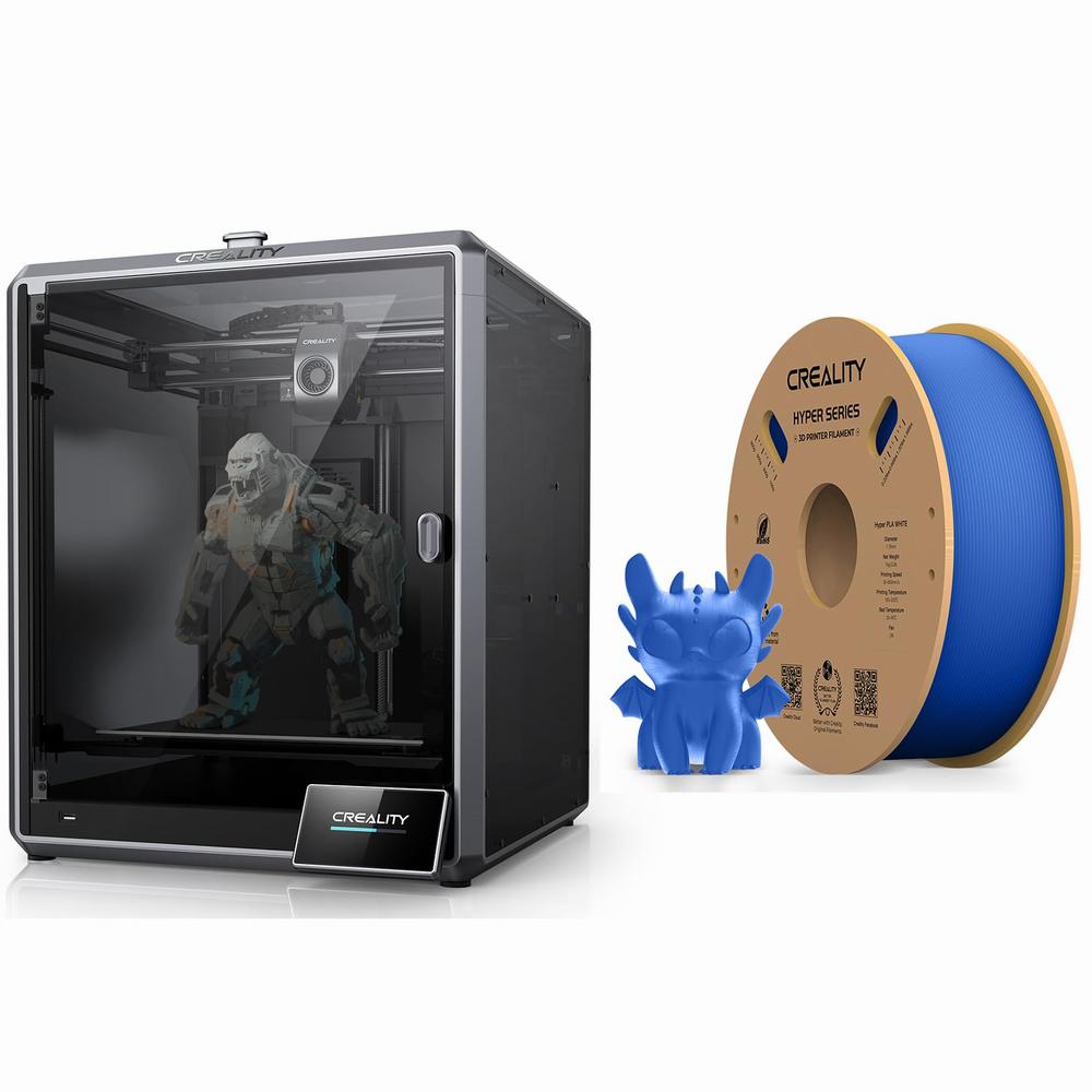 A blue 3D printer prints a blue figurine of a dragon, with a spool of blue filament sitting next to it.