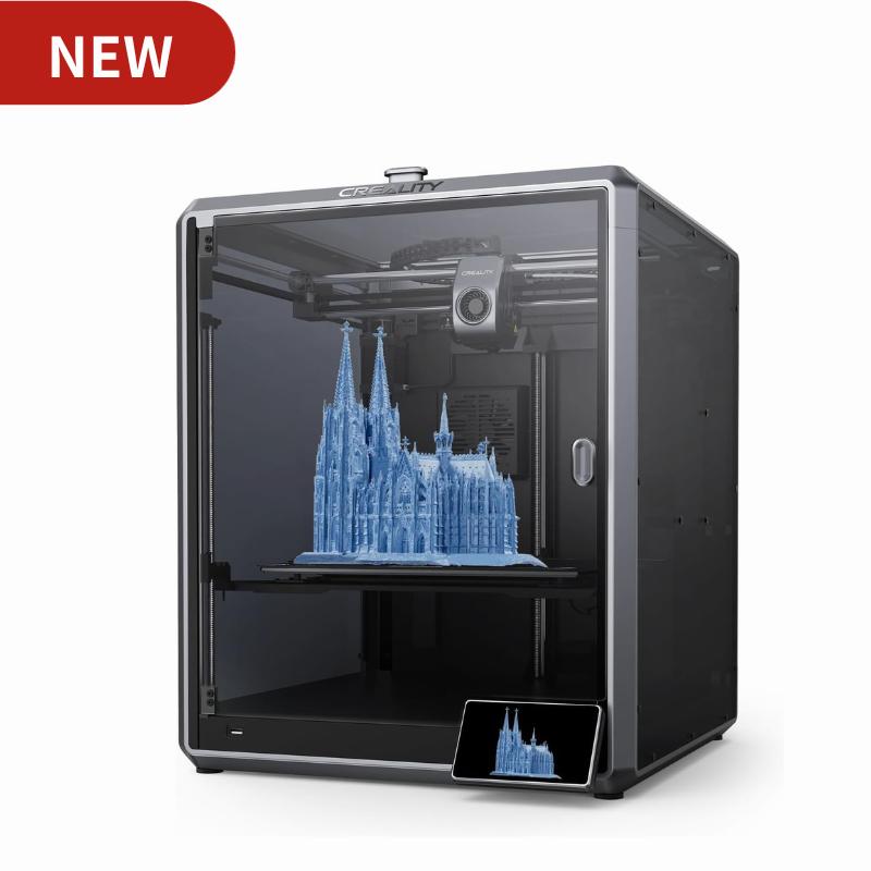 A 3D printer is printing a blue model of a cathedral.