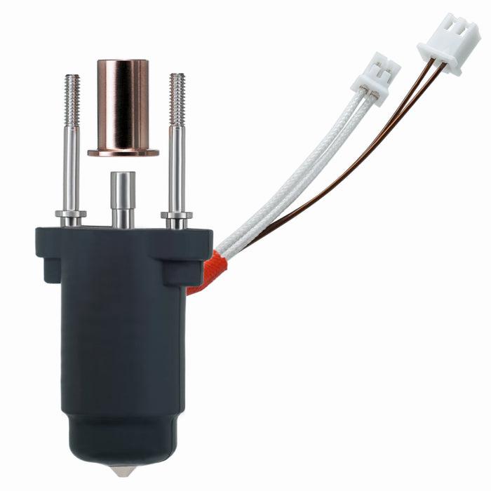 A photo of a black E3D V6 hotend with a copper heatbreak, two screws, and a white and red wire.