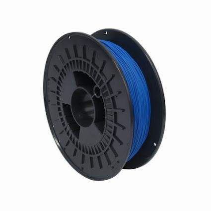 A blue plastic spool of 3D printer filament.