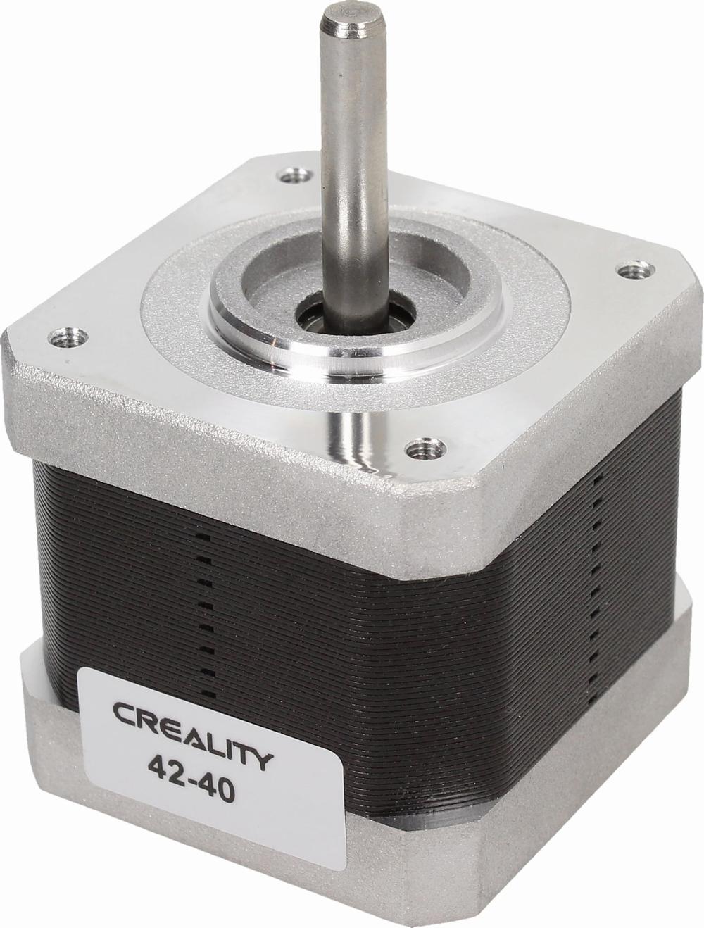 A silver and black stepper motor with a label that says Creality 42-40.