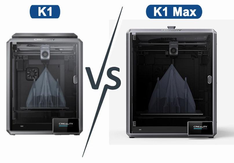 The image shows two Creality 3D printers, the K1 and the K1 Max, side by side.